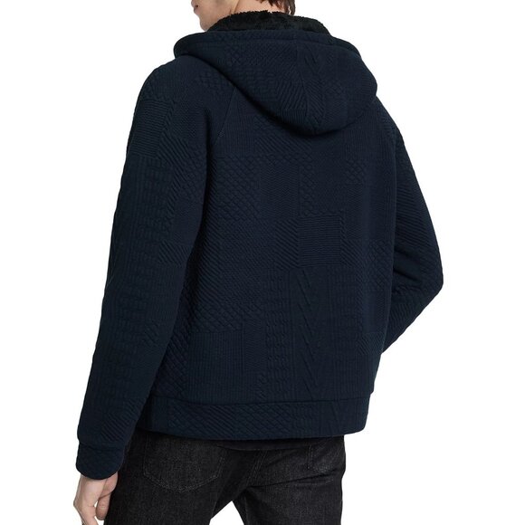 John Varvatos Men's Trenton Jacquard Textured Zip Front Hoodie Sherpa Lined Navy - Picture 2 of 7